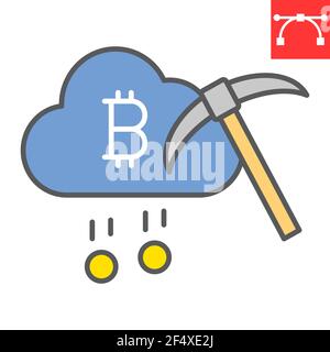 Cloud mining color line icon, cryptocurrency and bitcoin, cloud with pickaxe vector icon, vector graphics, editable stroke filled outline sign, eps 10 Stock Vector