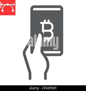 Bitcoin mobile pay glyph icon, payment and pay with bitcoin, Hand holding smartphone vector icon, vector graphics, editable stroke solid sign, eps 10. Stock Vector
