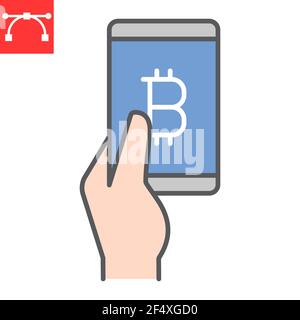 Bitcoin mobile pay color line icon, payment and pay with bitcoin, Hand holding smartphone vector icon, vector graphics, editable stroke filled outline Stock Vector