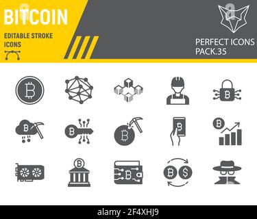 Bitcoin glyph icon set, blockchain collection, vector graphics, logo illustrations, bitcoin vector icons, cryptocurrency signs, solid pictograms Stock Vector