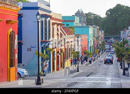 Colourful shops and houses in the colonial historic city centre of Oaxaca, southwestern Mexico Stock Photo