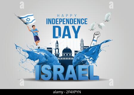 Israel happy independence Day celebrations with 15th April Israel 3d text and buildings, holding hand, man running with israel flag. vector illustrati Stock Vector