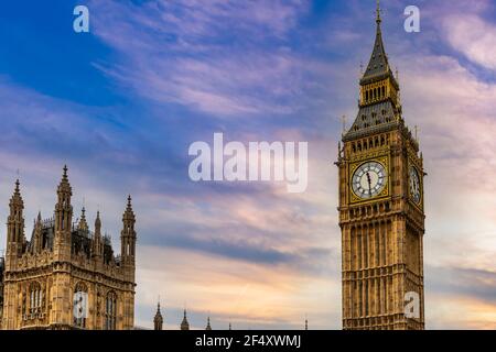 Details of Houses of Parliament and Big Ben, in London, England, United Kingdom