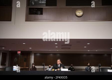 Washington, DC, 23rd March 2021, Admiral John C. Aquilino, USN, appears at a Senate Committee on Armed Services hearing regarding his nomination for reappointment to the grade of admiral and to be Commander, United States Indo-Pacific Command, Department of Defense, in the Dirksen Senate Office Building in Washington, DC, Tuesday, March 23, 2021. Photo by Rod Lamkey / CNP/ABACAPRESS.COM Stock Photo