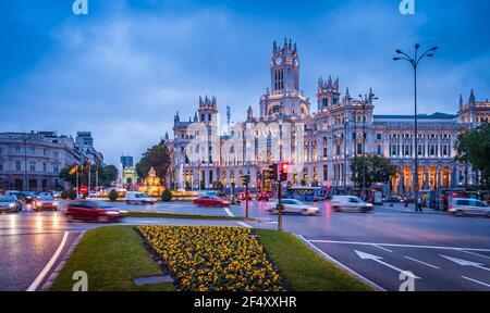 Madrid City Hall (former Palace of Communications), Cybele Square in the evening, Spain Stock Photo