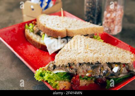 Eggplant, lettuce, tomato and plain bread sandwich on a red plate over stone background. Stock Photo