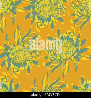 Sunny Chrysanthemum flower heads Seamless Pattern. Full Bloom Design Stock Vector