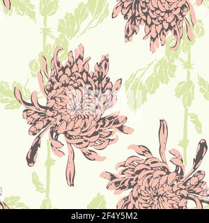 Pastel tone Chinese chrysanthemum Seamless Pattern. Pink  Detailed Chrysanthemum flower Vector design Stock Vector