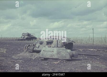 Second World War. Russia, Belgorod Oblast. After the fighting. Destroyed Russian tanks Stock Photo