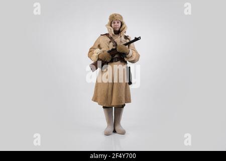 A man in a winter military uniform of an officer of the Soviet army during World War Two Stock Photo