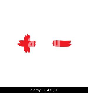 Plus and minus paint drawn buttons. flat vector icons isolated on white. Add or plus purchase pictogram. Good for web and mobile design. Stock Vector