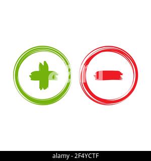 Plus and minus paint drawn buttons in circle. flat vector icons isolated on white. Add or plus purchase pictogram. Good for web and mobile design. Stock Vector