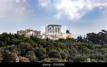 Acropolis rock view from Filopappou hill, Athens, Greece. Historic landmark. Unesco World Heritage ancient, historic, classical archeological monument Stock Photo
