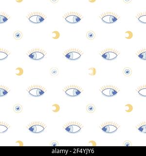 Evil eye and moon seamless pattern. Blue and gold magic esoteric texture on white background. Vector illustration. Stock Vector