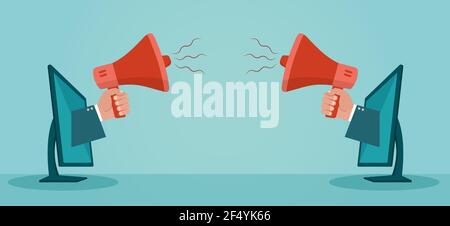 Vector of hands holding megaphone coming out from desktops. Digital marketing concept Stock Vector