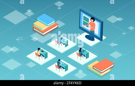 Vector of students and a teacher using online interactive platform for online education Stock Vector