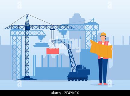 Vector of an architect in a helmet reviewing plan of a new building at a construction site Stock Vector