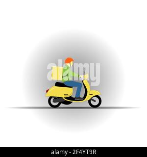 Courier ride scooter motorcycle with box. Food delivery service concept. Flat style illustration. Stock Vector