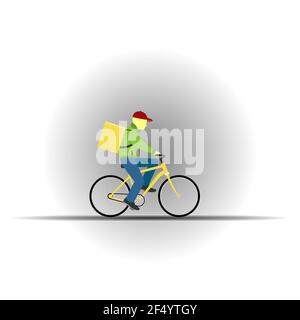 Courier delivering goods on a bicycle. Food delivery service concept. Flat illustration. Stock Vector