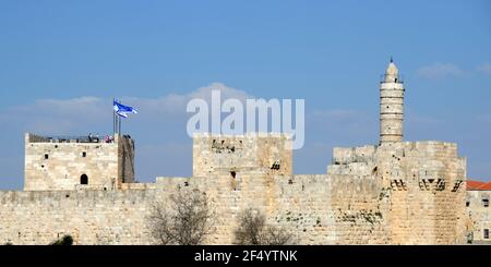 the TOWER OF DAVID MUSEUM or THE CITADEL, part of the wall of the Old City of Jerusalem next to Jaffa Gate dating back to the Romans and King Herod Stock Photo
