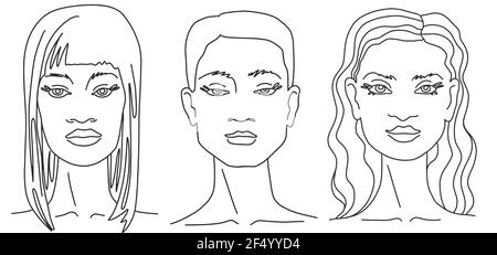 Three women of different nationalities and cultures together line art. Vector doodle illustration Stock Vector