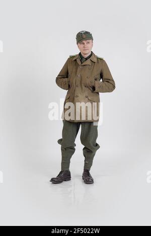 male actor in the winter military uniform of an German soldier, the period 1941-1945, the World War II Stock Photo