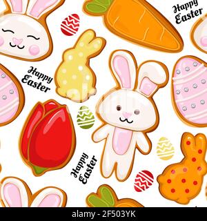 Gingerbread icon pattern, Easter holiday, colored eggs, carrots and bunny. Vector easter Stock Vector