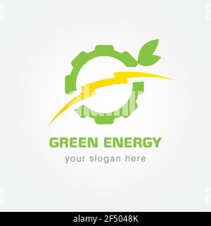 Green energy company logotype concept. Electrical or mechanic industrial branding concept. Lightning, gears, wheel, tree leaves. Electricity, bolt vec Stock Vector