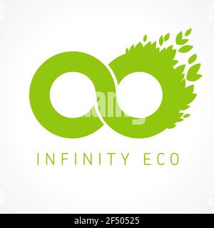 Infinity logotype with leaves. Green graphics infinite vector template brand sign idea. Environmental circles shape, colored infinit branding isolated Stock Vector