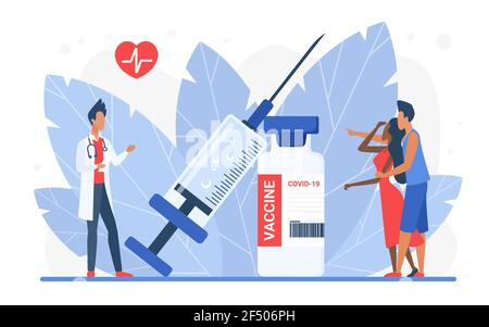 Time to vaccinate concept, doctor character advising young couple people in hospital Stock Vector