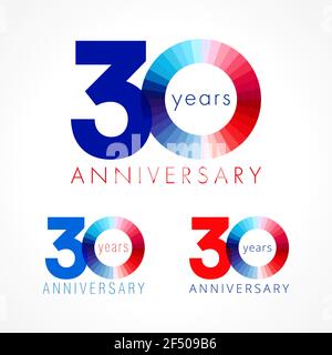 30 years old celebrating logo concept. Illustration of anniversary numbers 30 th. Shining congratulating logotypes set. Stained disk digit. 30% percen Stock Vector