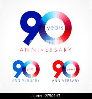 90 years old celebrating logo concept. Illustration of anniversary numbers 90 th. Shining congratulating logotypes set. Stained disk digit. 90% percen Stock Vector