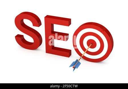 Word SEO with target and arrow, isolated on white background. 3D illustration. Stock Photo