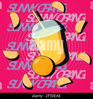Vector pop art orange juice with orange pieces Stock Vector