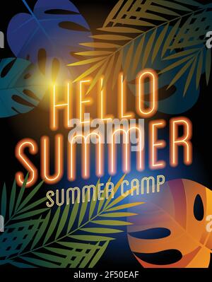 Summer Camp poster with neon lamp text on the palm leaves. Stock Vector