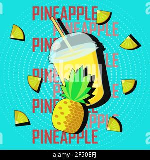 Vector pop art pineapple juice with pineapple slices Stock Vector