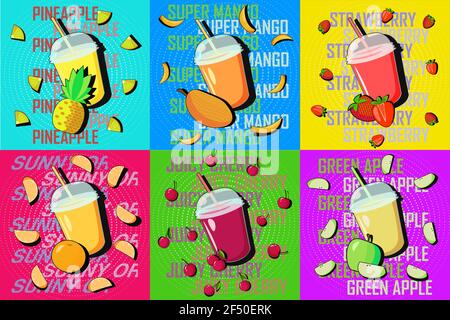 Vector pop art set of fruit and berries juice cocktails glasses Stock Vector