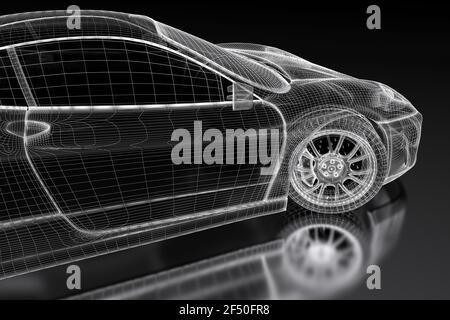 Car vehicle 3d blueprint mesh model on a black background. 3d rendered image Stock Photo