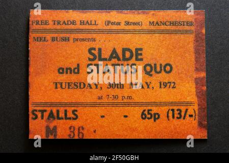 A replica concert ticket to Slade and Status Quo at Free Trade Hall, Manchester on 30th May 1972, part of a school 1970s Childhood memorabilia pack. Stock Photo