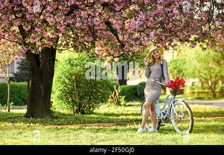Summer day. spring blooming tree of japanese sakura. cherry beauty. flower shop. girl flower seller with retro bike. vintage bicycle for pleasant walk Stock Photo