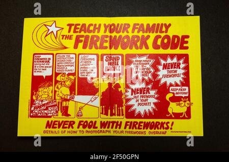 A replica of a 'Teach Your Family The Firework Code' leaflet, part of a school 1970s Childhood memorabilia pack. Stock Photo