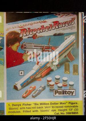 A replica Argos toys catalogue page with Ricochet Racers game, part of a school 1970s Childhood memorabilia pack. Stock Photo