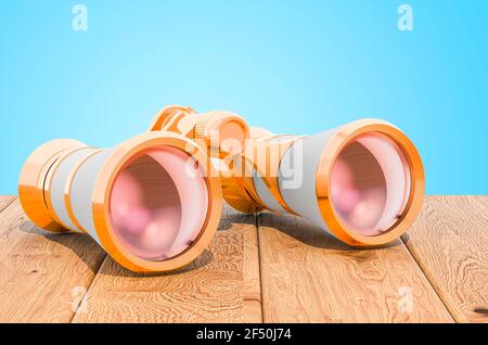 Opera glasses, theater binoculars  on the wooden planks, 3D rendering Stock Photo