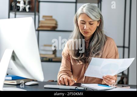 Smart concentrated senior gray-haired Asian woman, freelancer, manager or business lady, working sitting at table in office, typing on keyboard, studies financial documents, analyzing profit Stock Photo
