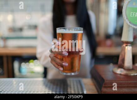 Close up female bartender serving pint of beer in pub Stock Photo