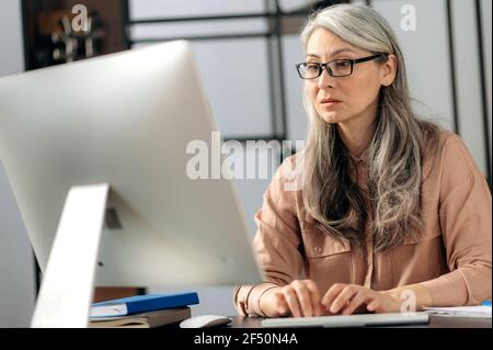 Successful beautiful influential mature gray-haired asian lady with glasses, business woman, freelancer, top manager, in stylish clothes, typing on the keyboard, serious face, focused look at computer Stock Photo