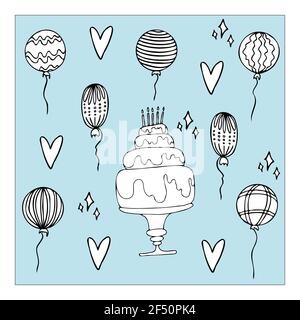 vector set birthday with cake and balloons with tinsel Stock Photo