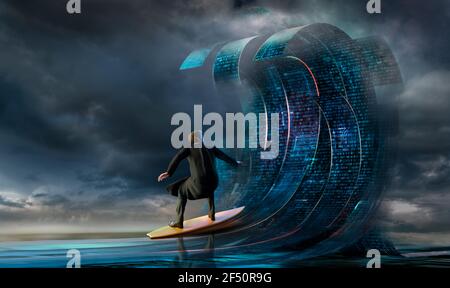 Businessman surfing binary code waves Stock Photo