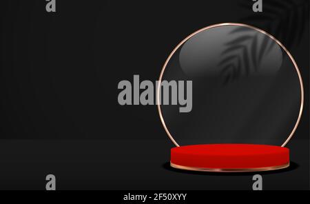 3D Realistic Background with red circle podium and palm leaves shadow. Design Template for Fashion Cosmetics Product. Vector Illustration Stock Vector