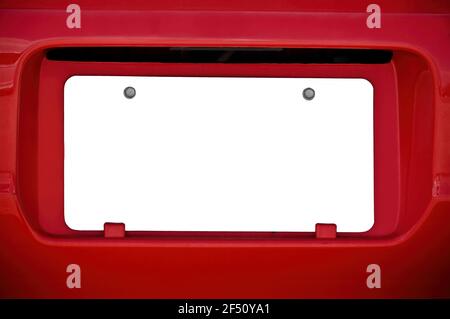 Horizontal shot of a blank white license plate on a red car with copy ...